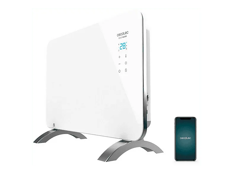 Convector - Cecotec ReadyWarm 6650 Crystal Connection, 1000 W, Wi-Fi, Pantalla LED, Programable 24/7, Diseño de cristal, Blanco