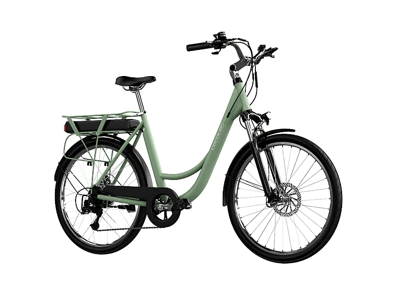Bicicleta de ciudad - Cecotec Capital, electrica ruedas 28", 80 km autonomía, Shimano 6 velocidades, Doble freno disco, Verde