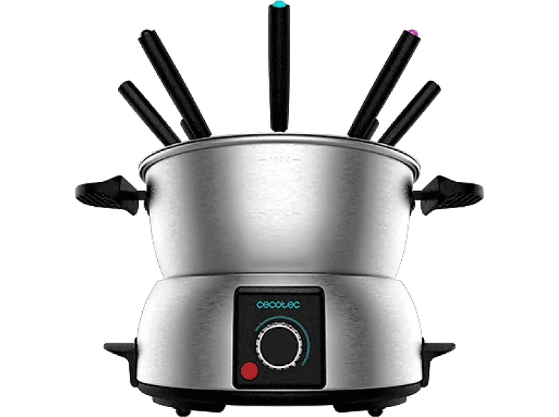 Fondue - Cecotec GourmetFondue, 1000 W, 8 tenedores incluidos, Tapa antisalpicaduras, Termostato, Inox