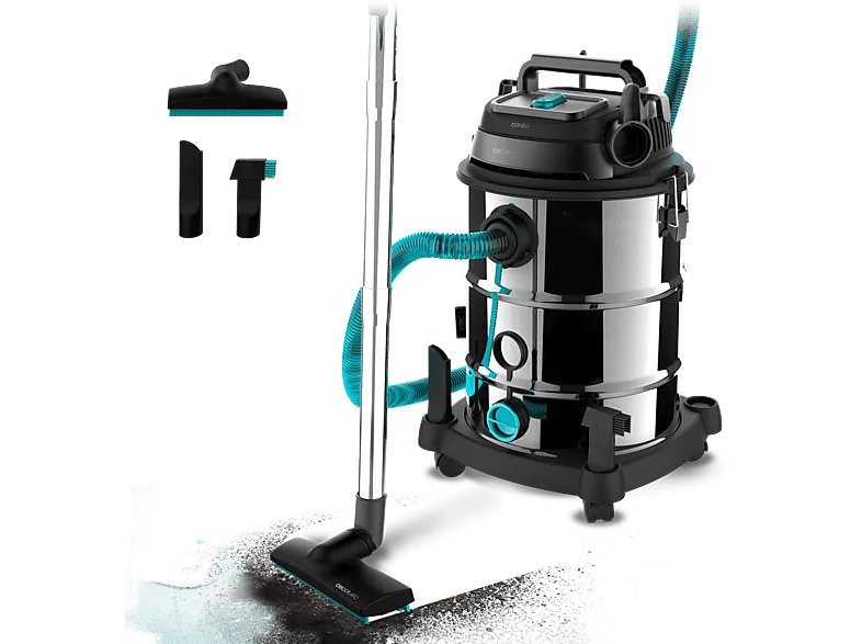 Aspirador sin bolsa - Cecotec Conga Rockstar Wet & Dry Steel Pro, 1600 W, Capacidad 30 l, Cable 5m, 4 ruedas, Función soplado, Sistema drenaje, Negro