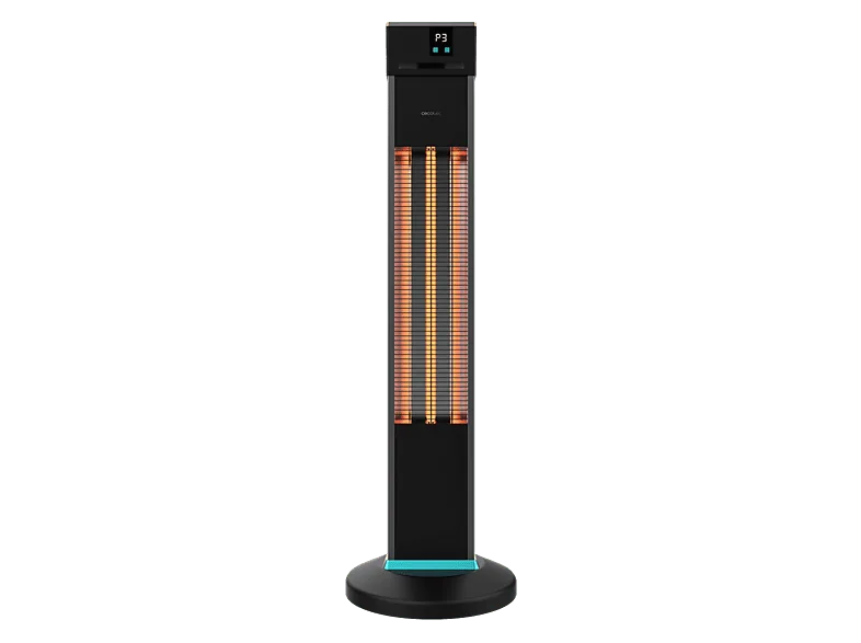 Calefactor - Cecotec ReadyWarm 2000 Power Tower, 2000W, Tecnología halógena, 3 Potencias, Mando a distancia y display, Uso exterior, Negro/Plata