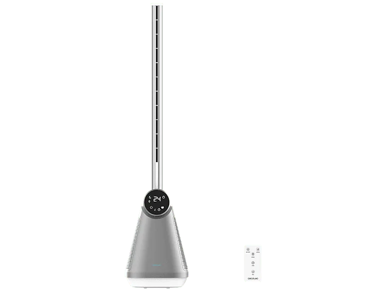 Ventilador de torre - Cecotec EnergySilence 9890 Skyline Bladeless, 50 W, LED display, Control táctil y remoto, Temporizador 15 horas, Blanco/Plata