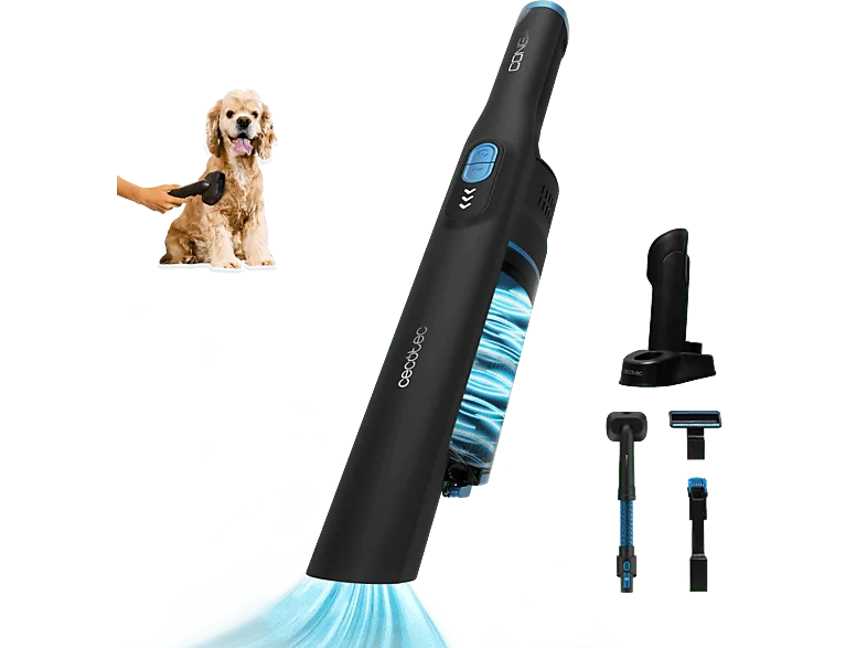 Aspirador de mano - Cecotec Conga Rockstar Micro+ Animal, 200 W, 20 kPa, 40 min, 2en1, Especial mascotas, Accesorio tapicería, Base carga, Titanium