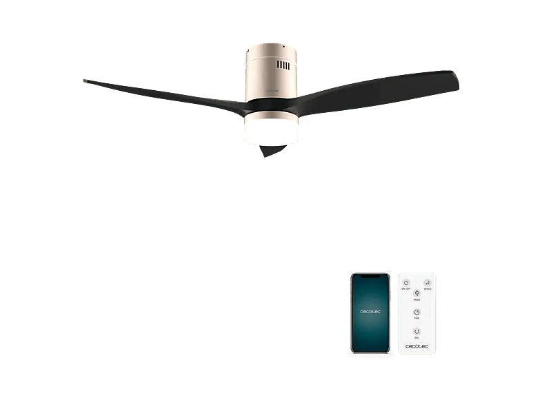 Ventilador de techo - Cecotec EnergySilence Aero 5600 Aqua GoldBlack Connected, Mando, IP44, luz LED, 6 velocidades, Modo invierno/verano, Negro (imagen 1 de 3)