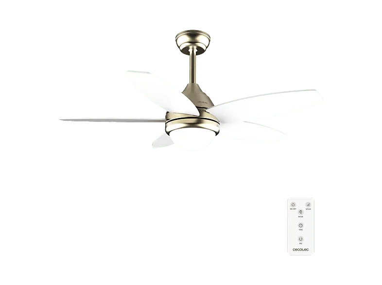Ventilador de techo con luz - Cecotec EnergySilence Aero 4200 GoldLightWood, Luz LED, 3 velocidades, 5 aspas, White