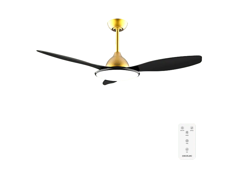 Ventilador de techo - Cecotec EnergySilence 4800 Light GoldBlack, Luz LED 36 W, Mando a distancia, Temporizador, 6 velocidades y 3 aspas, Negro Oro