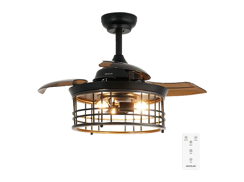 Ventilador de techo - Cecotec EnergySilence Aero 3600, Lámpara integrada, 3 aspas retráctiles, 6 velocidades, Mando, Modo invierno/verano, Marrón