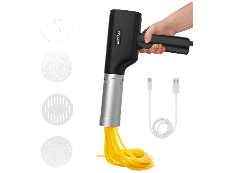 Máquina de pasta - Cecotec Fun EasyPasta, 2 en 1, 40 W, 200 g, Inalámbrica, 3 discos + disco churros, Negro