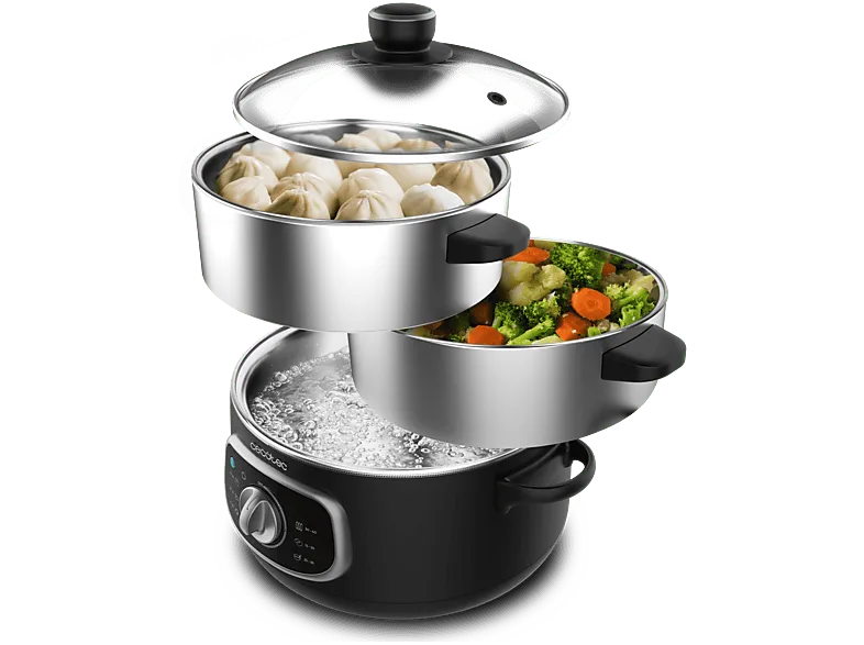 Vaporera - Cecotec Vapovita SteelPot, 1300 W, 3 recipientes de acero inoxidable, Capacidad 10 L, Temporizador 60 min, Apagado automático, Negro