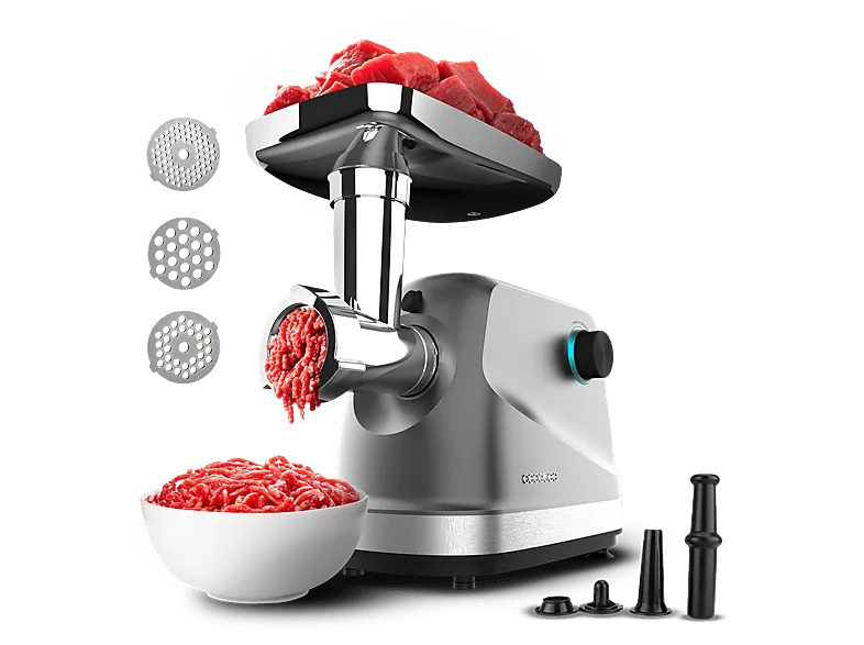 Picadora - Cecotec Crusher 1400 Steel, 1360 W, Pica, Trocea y Corta, 3 Placas de corte, 1 Cuchilla acero inoxidable, 1,5 kg Carne por minuto, Gris
