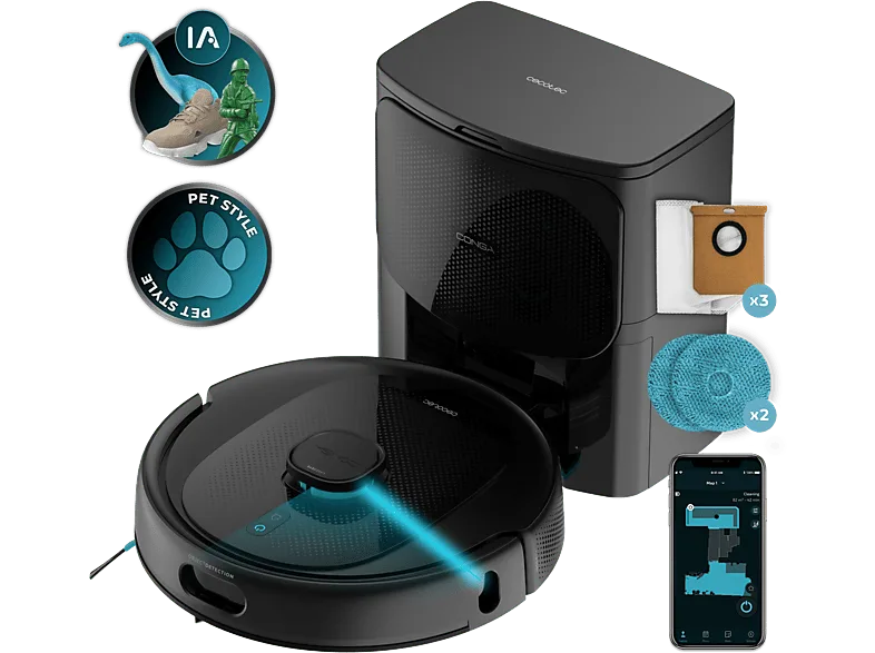 Robot aspirador - Cecotec Conga 9990 AI Spin Revolution Ultra Power Home, 4 en 1, Navegación láser, 10 kPa, 240 min, Base de autovaciado, Wi-Fi, Black