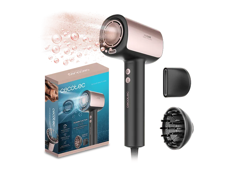 Secador - Cecotec DryGlam Nano Plasma, 1600W, 3 velocidades, temperaturas, Concentrador, Difusor, 110.000 RPM, Función plasma, Negro