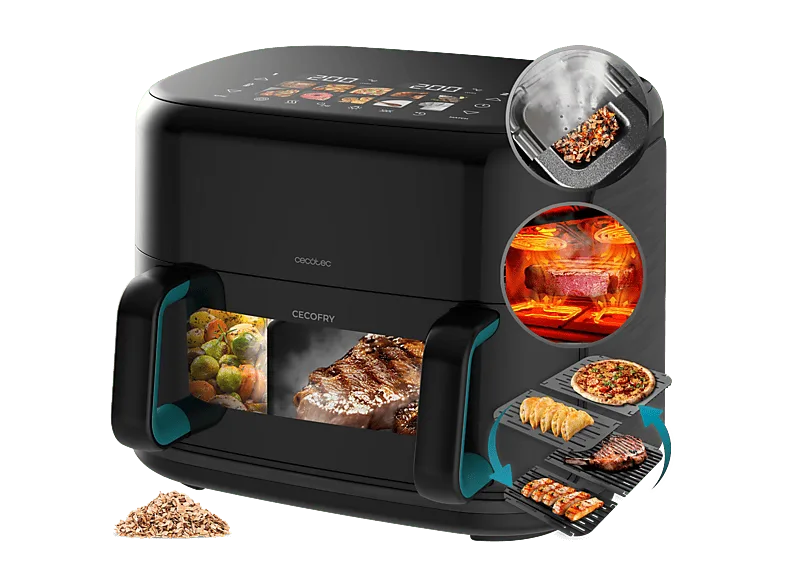 Freidora de aire - Cecotec Cecofry&Grill Smokin’Prime 11000, 2800 W, Funcion ahumador, Doble Cesta, 11 L, grill, Negro