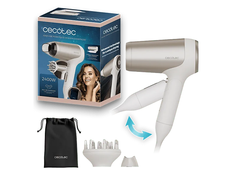 Secador - Cecotec IoniCare Power&Go Heaven Champagne, 2400W, Plegable, Función Iónica, Con difusor, Crema (imagen 1 de 3)