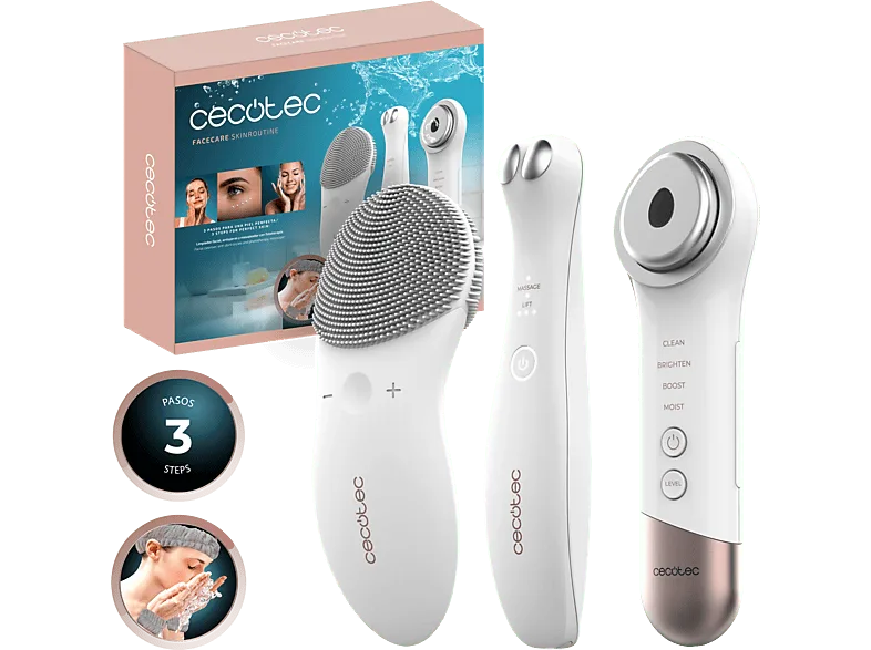 Limpiador facial - Cecotec FaceCare SkinRoutine, Dispositivo antiojeras, Masajeador facial, Kit de diadema y muñequeras, White