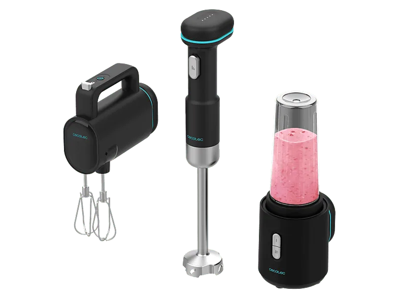 Batidora de mano - Cecotec BlendGo Pack, 3 en 1, Con batería recargable, Carga rápida tipo C, Accesorios incluidos, Negro (imagen 1 de 3)