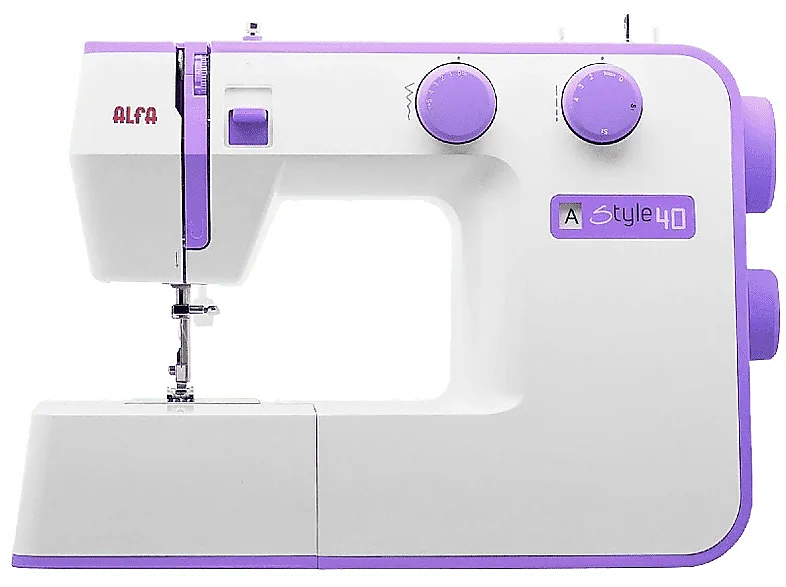 Máquina de coser - Alfa Style 40, 31 Puntadas, Luz LED, 6 filas dientes, 70W, Blanco y Lila