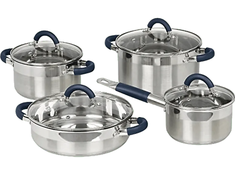 Set de ollas - Jata Hogar BC 8, 4 piezas acero inoxidable con tapas vidrio, apto para todo