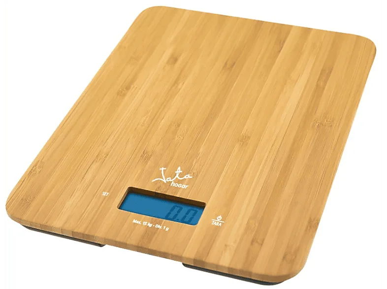 Balanza de cocina - Jata Hogar MOD. 720, Peso máximo 15 kg, Pantalla LCD, Función temporizador, Bambú
