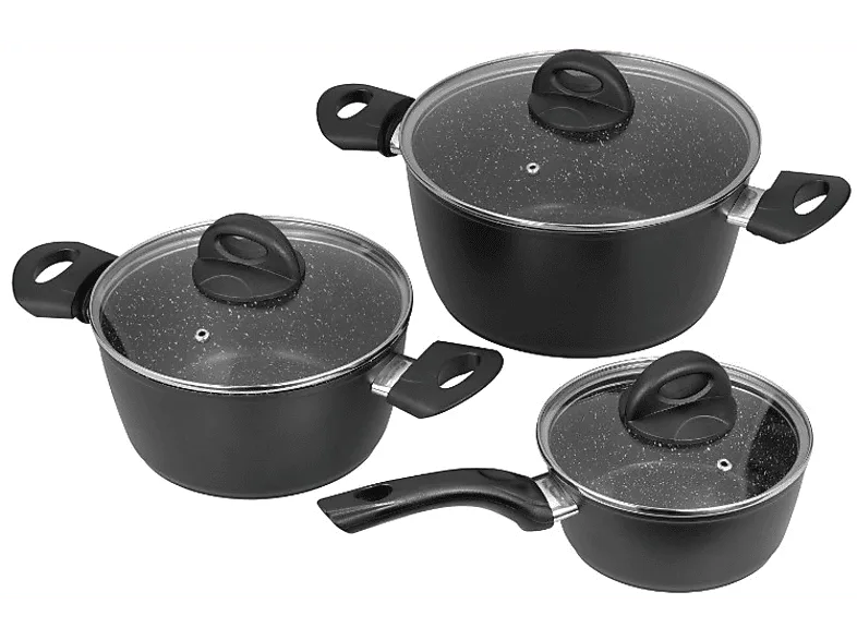 Batería de cocina - Jata Hogar BC3, 2 cazuelas y 1 cazo con tapas, Antiadherente