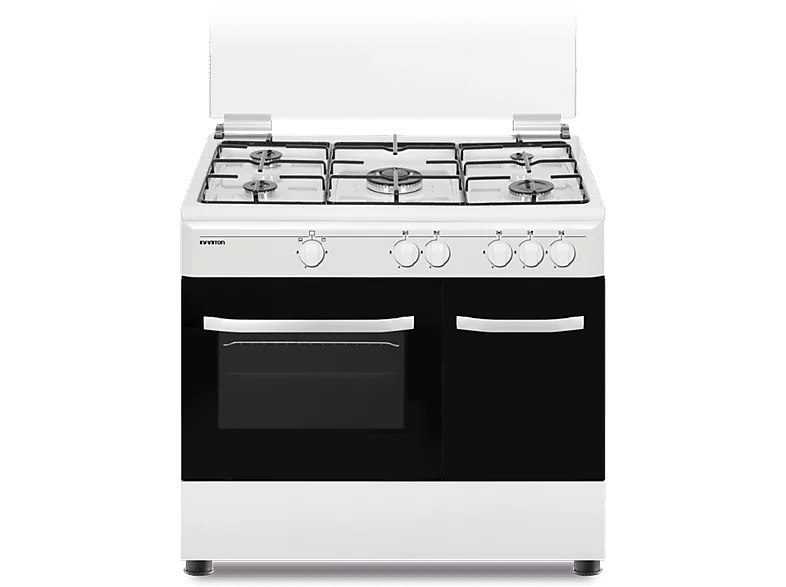 Cocina a gas - Infiniton CC9060ELP, 3500W, 90 cm ancho, 5 zonas + Horno, Hierro fundido, Gas natural, 60 L, Blanco