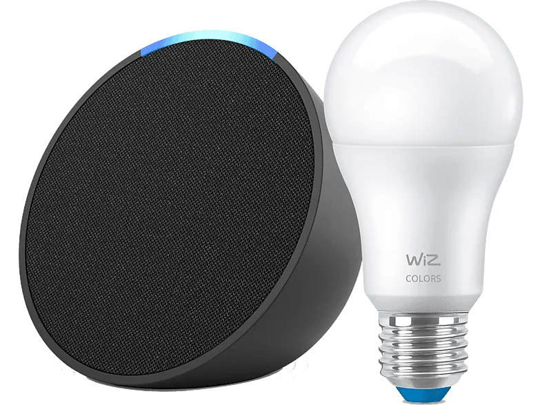 Altavoz inteligente - Amazon Echo Pop + Bombilla Wiz, Bluetooth con Alexa de Sonido Potente y Compacto, Negro
