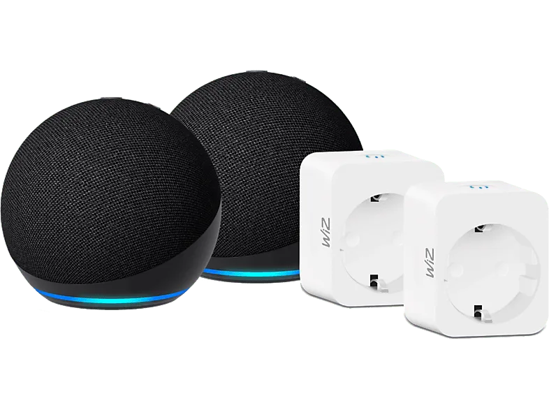 Altavoz inteligente - WiZ, Pack 2 Echo Dot (5. Gen 2022) + Enchufes Inteligentes Controlador de Hogar, Negro