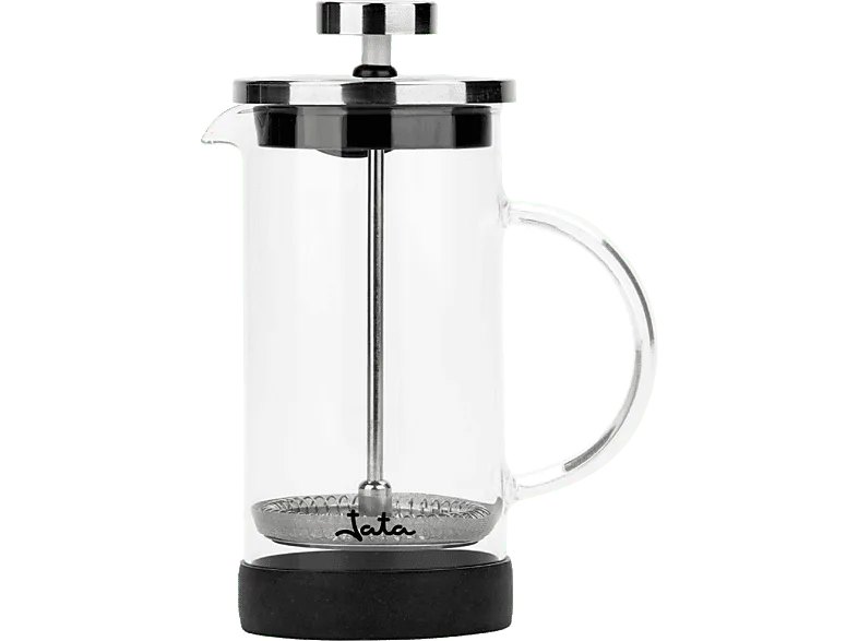 Cafetera de prensa - Jata Hogar HCAF1135, 350 ml, 4 en 1: tetera, cafetera, espumadora y émbolo, Negro/Transparente