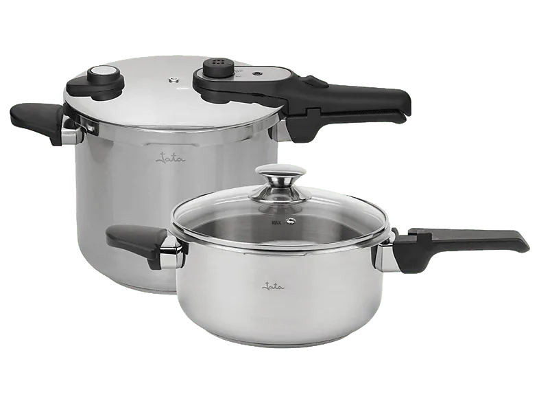 Olla express - Jata HOLL2547, 7L+4L, Acero inoxidable, Diámetro 22 cm, Triple sistema de seguridad, 2 Niveles Presión