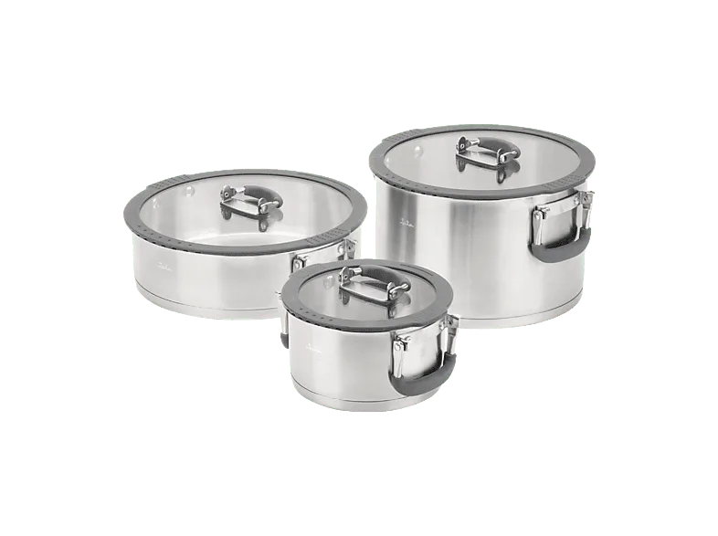 Batería de cocina - Jata Hogar HBAT2552, 6.8L, Acero inoxidable, Apilables, Tapas Vidrio Templado, 3 Ollas, Compatibles con todas las cocinas, Plata