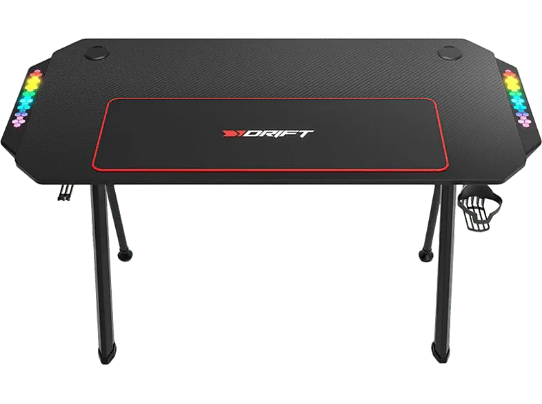Mesa gaming - Drift DZ175RGB, Iluminación LED, Alfombrilla, Soporte para Auriculares y Bebidas, 130 x 75 60 cm, Altura Regulable, Negro