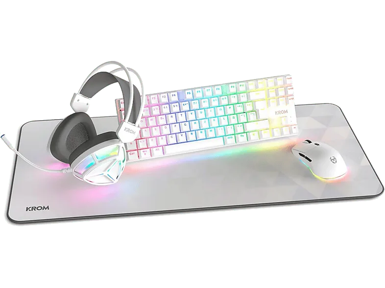 Pack gaming - Krom Klass 4 en 1: Teclado mecánico RGB, Ratón óptico 7200 dpi, Auriculares de diadema con micrófono, Alfombrilla XXL, Por cable, Blanco