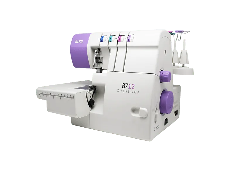 Remalladora - Alfa 8712 2/3/4hilos, Velocidad máxima: 1300 rpm, Motor Servo 100 W, Asa para transporte, Blanco y morado
