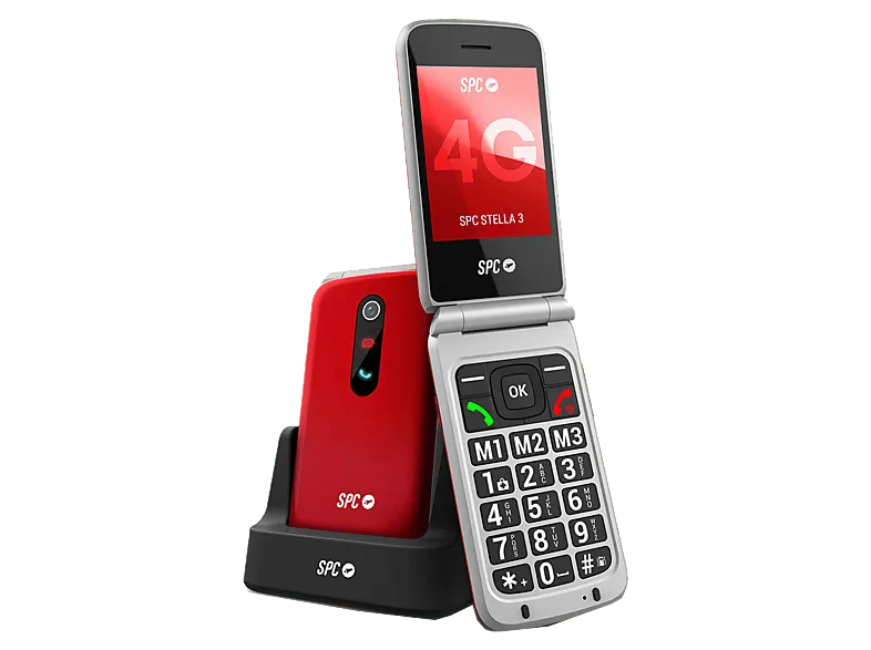 Móvil - SPC Stella 3, 4G, Para mayores, Teclas grandes, Botón SOS, Compatible audífonos, Volumen 103dB, Radio FM, Linterna, Base de carga, Rojo
