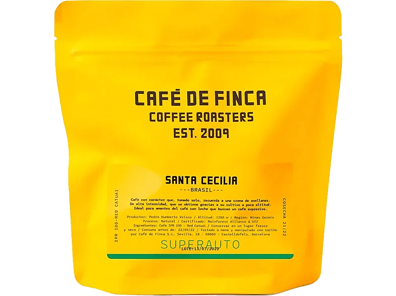 Café en grano - de Finca Brasil Santa Cecilia, IPR 100 – Red Catuai, Crema avellana, Intensidad alta, Apto para Cafeteras Superautomáticas, 1 kg