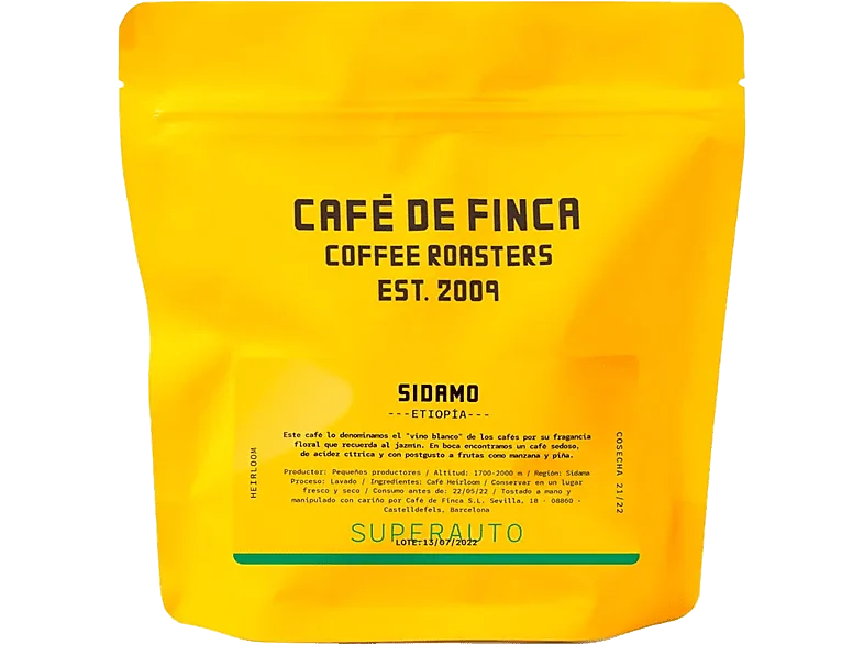 Café en grano - de Finca Etiopía Sidamo, Heirloom, Sabor a Manzana y Piña, Apto para Cafeteras Superautomáticas, 1 kg