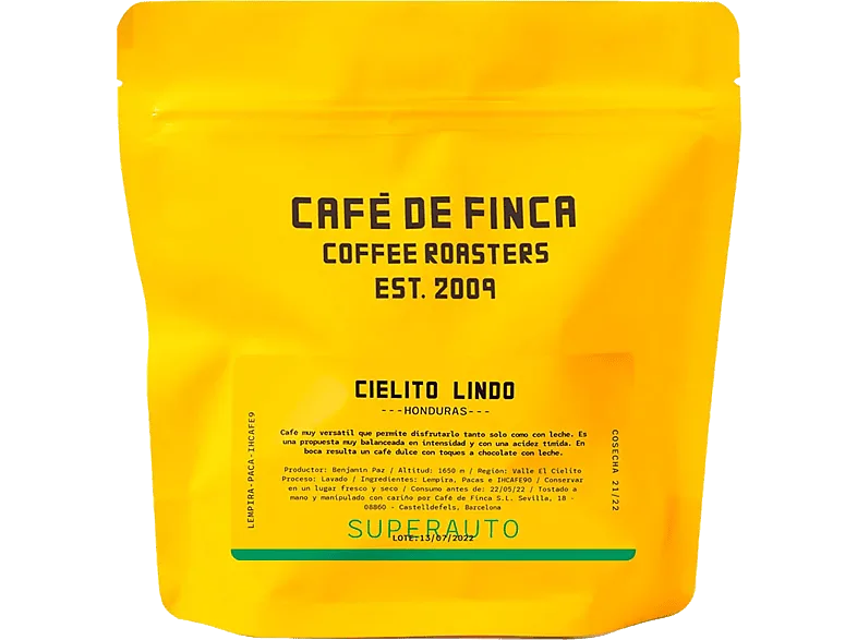 Café en grano - de Finca Honduras Cielito Lindo, Lempira, Catuai, Bourbon y Pacas, Sabor Dulce, Apto para Cafeteras Superautomáticas, 1 kg