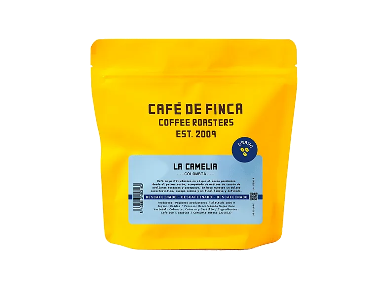 Café en grano - de Finca La Camelia Descafeinado, 100% Arábica, Clásico, Variedad: Colombia, Caturra, Castillo, 250g, Para Espresso y Superauto