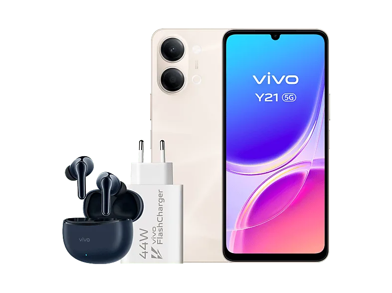 Móvil - vivo Y21 5G, Champagne Gold, 256GB, 4GB RAM, 6.74" 1200 nit, MediaTek Dimensity 6300, 6500mAh + Auriculares TWS 3e Cargador FlashCharger 44W
