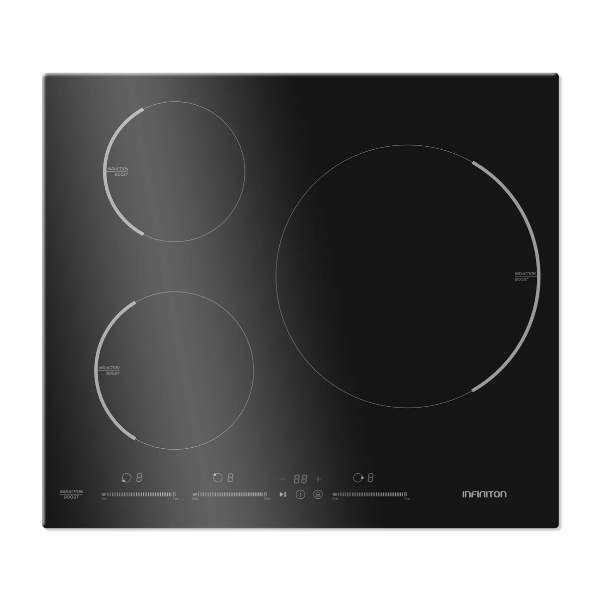 Placa inducción - Infiniton IND-3NTA, 3 zonas, Zona grande 30 m, 59 cm, Función Boost, Negro