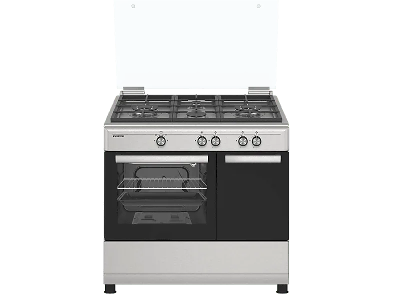 Cocina a gas - Infiniton CC90X2W4F, 4 zonas, Gas Natural / Butano, 60l Horno, Tapa Cristal, Seguridad termopar, Inox