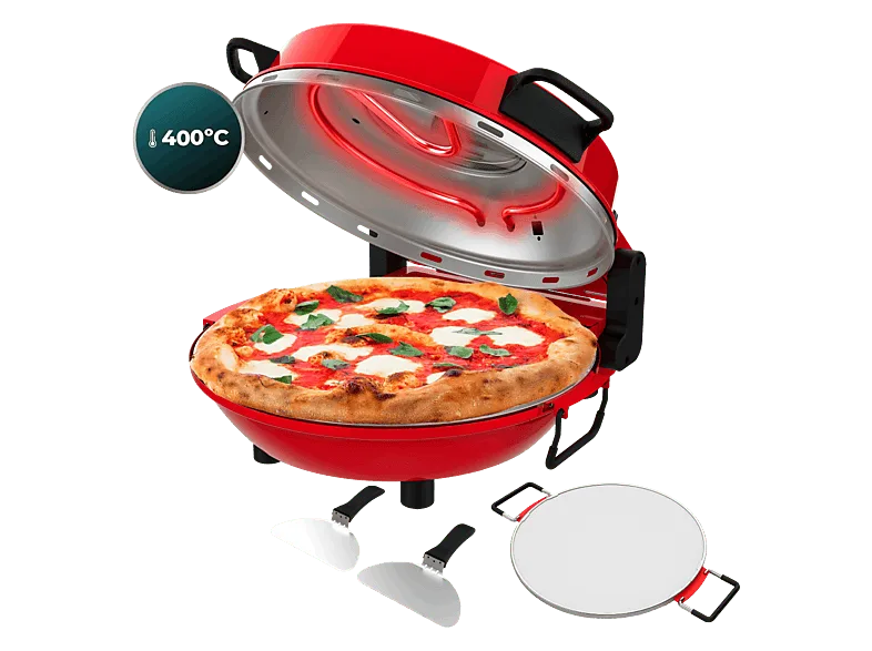 Horno para pizzas - Cecotec Fun Pizza&Co Mamma Mía Window, 1200W con piedra, 400 ºC, Pizza en 5 min, Temporizador 15 min y palas de acero, Rojo