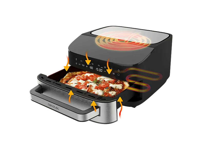 Horno eléctrico pizzas - Cecotec Pizza&Fry 7000, 7 L, Pantalla táctil, 10 Programas, Piedra para pizza, Doble Resistencia, Negro