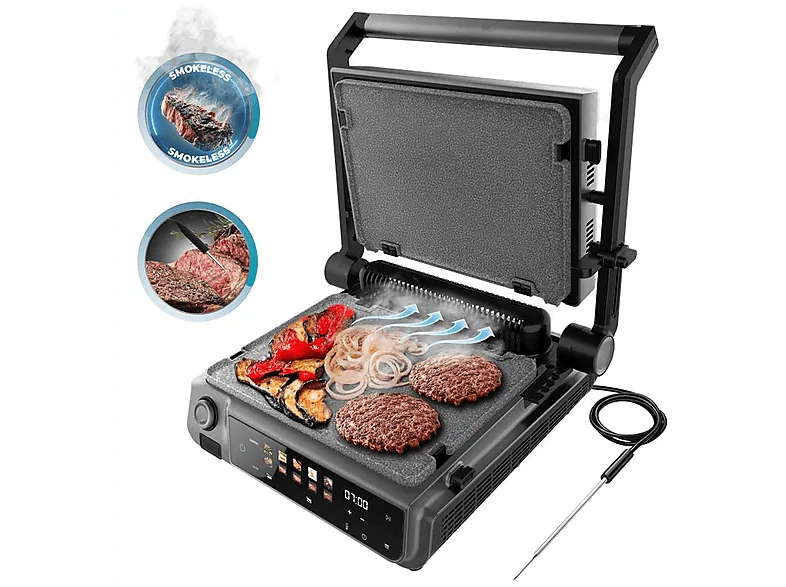 Grill - Cecotec Rock’nGrill 2000 Smash PerfectCook, W, Sonda de temperatura, Smokeless, Función Smash, Placas Reversibles, Negro