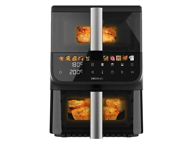 Freidora de aire - Cecotec Cecofry DuoLevel 10000 DuoSize Window, 2000W, 10L, 2 cubetas 3.5L y 6.5L, 10 menús, Función Sync, Panel táctil, Negro