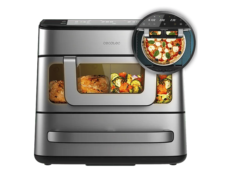 Freidora de aire - Cecotec Cecofry FoodCourt 18000 4Pizza, 2 en 1, Capacidad 18 L, Piedra para pizza, 2700 W, Horno 230 ºC, 200 Gris