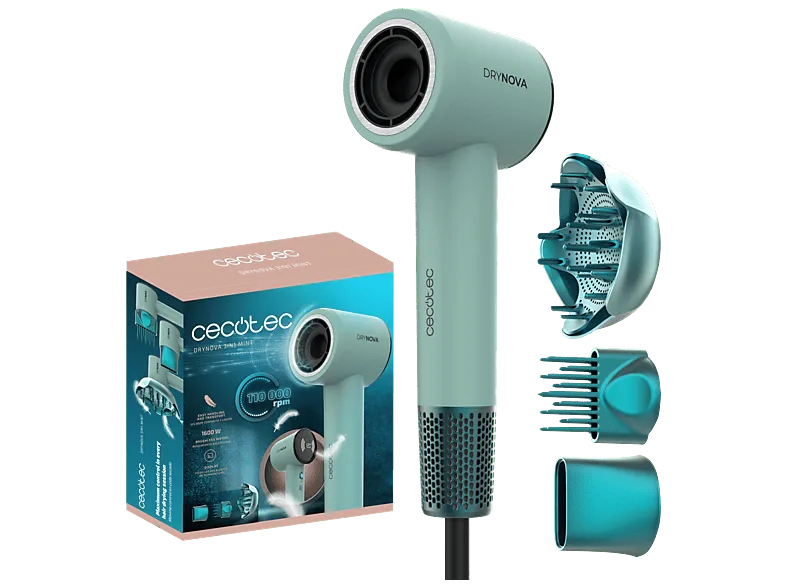 Secador - Cecotec DryNova 3in1, 1600 W, 4 Niveles de Temperatura, Regulación continua, Difusor incluido, 110000 RPM, Mint