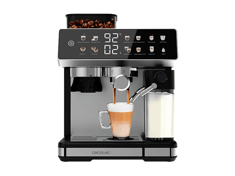 Cafetera express - Cecotec Power Espresso 20 Barista Grind & Latte, bar, 1350W, Depósito de agua 2.6L, 2 tazas, leche 500ml, Negro