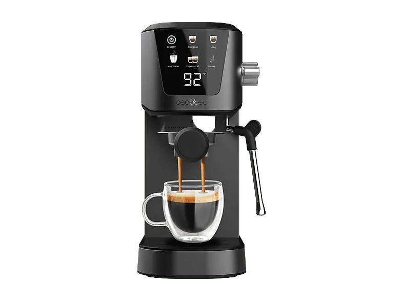 Cafetera express - Cecotec Power Espresso 20 Touch, bares, 1350W, Depósito 1L, 2 tazas, Thermoblock, Pantalla táctil, Vaporizador, Negro