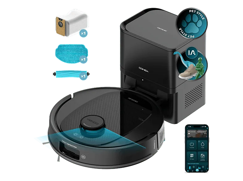 Robot friegasuelos - Cecotec Conga Y80, Navegación inteligente, Programable, 13000 Pa succión, Base de 2,5L, Cepillo para mascotas, Negro